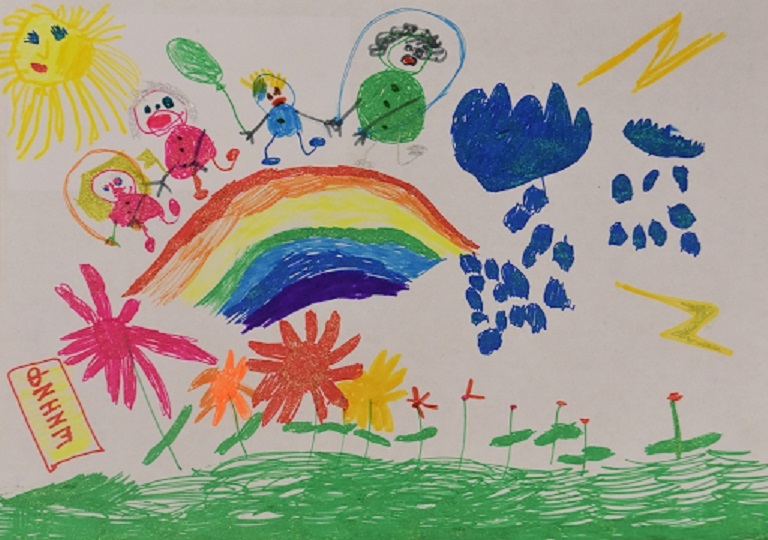 На картинке детский рисунок, на котором участники марафона бегут по радуге. Современное образование должно быть направлено на раскрытие уникальных способностей ребенка.