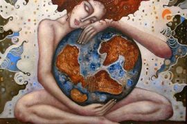 На рисунке символическое изображение роли женщины когда она в материнской заботе об земной шар