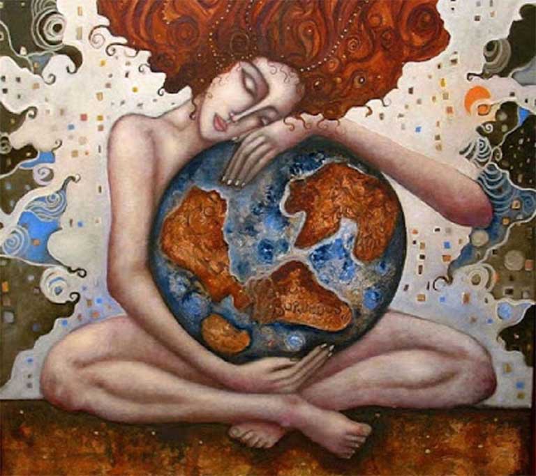 На рисунке символическое изображение роли женщины когда она в материнской заботе об земной шар