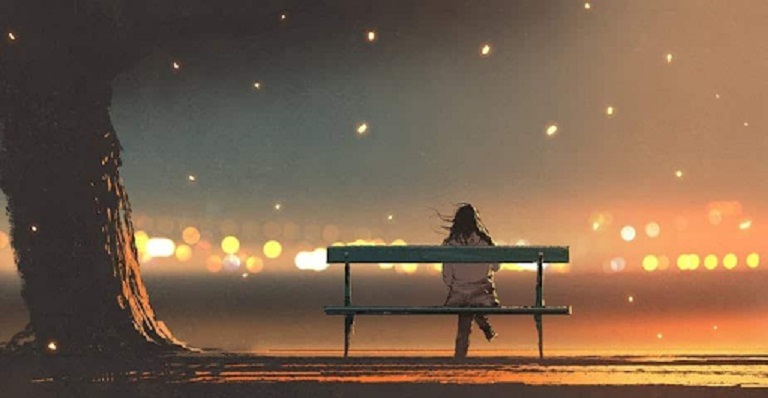 Многие люди задумываюмся, что мы хотим от жизни? На картинке одинокая девушка сидит на скамейке, глядя на далекие огни города.